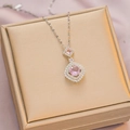 Elegant gold-plated titanium necklace with double pink zircon pendant and crystal halo - 6057 Layered Square Zircon / Silver Pink Zircon