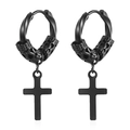 Close-up of black stainless steel hoop earrings with dragon pattern cylinder and cross pendant - Twisted Dragon Pattern Cross Black MS-653