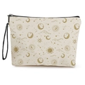 Beige canvas sun and moon makeup bag with gold astrology print and black wristlet strap - Style 3-Retro Sun Moon Face and Stars Pattern