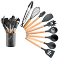 12-piece dark grey silicone kitchen utensil set with natural wooden handles and bucket - Small Bucket Compact Style / Dark Gray