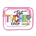 Pink PVC clear makeup bag featuring Best TEACHER ever print and floral details - 109-Best Teacher Ever