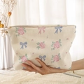 Corduroy makeup bag with pink roses and blue bow prints in creamy white finish - Beige Pink Rose Blue Bow (MU222003)
