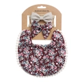 Baby set with a beige linen bow headband and a dark red floral bib with white tassels - Deep Red Floral