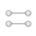 Macro shot of silver sunflower nipple rings with smiley face and clear zircon accents - Sun Smile Face Style (2744) / Steel