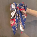 Vintage chain print oversized bow hair clip with ribbons in navy blue and red - Navy Chain Print Ribbon