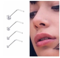 Set of 4 silver G23 titanium L-shaped nose studs with clear round cubic zirconia gems - L-Shape 18G*7mm*1.5mm / Silver