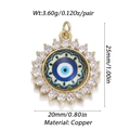 Detail view of 20mm evil eye charm with dimensions and weight 3.6g in copper gold - YSN032-06 (Colored Glaze Zirconia Eye)