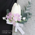 Groom boutonniere with white silk tulip and lavender flowers on grey suit lapel - White Tulip Style (Series 1)