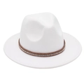 Close-up of a white fedora hat featuring a brown leather band with sparkling rhinestones - L (58-60cm) / White