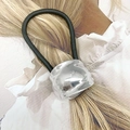Black elastic hair tie featuring a silver irregular geometric metallic ornament for ponytail - 7# Streamline Geometric Style