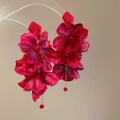 Detailed view of red fabric flower earrings with gold chain and bead tassel accents - 925 Sterling Silver Earring Post - Red