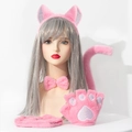 Pink furry cat cosplay set with ears headband paw gloves bow tie and plush tail - Cat Set (Headband+Choker+Gloves+Tail) / Pink