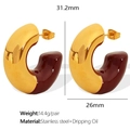 Gold-tone C-shaped stainless steel earrings with dark red dripping oil finish details - EH477 Gold Wine Red Enamel Style