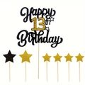 Glittering black and gold Happy 13th Birthday cake topper set with small stars - 13 Years Old