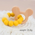 Beech wood mouse-shaped baby teether with yellow and cream silicone beads bracelet - Cartoon Character/Yellow White Beads