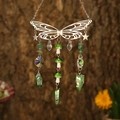 Silver metal butterfly suncatcher with green crystal beads and mushroom charms - Silver Wings + Green Aventurine
