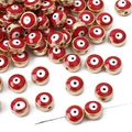 Red evil eye flat resin beads with gold metal frame for DIY jewelry making and bracelets - 10 Pieces Pack / Gold Edge - Red