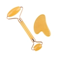 Yellow resin facial roller and heart-shaped gua sha tool set with rose gold metal accents - Resin Roller + Transparent Yellow Gua Sha Board