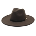 Detail of coffee wool fedora hat featuring black leather band and gold metal buckle - Adult 56-59cm / Brown