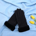 Elegant black suede thermal gloves for women with cozy faux fur cuffs and touch screen fingers - One Size / Black
