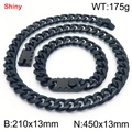 Shiny black stainless steel Miami Cuban necklace and bracelet set in 13mm width - Style A (13mm) / Bracelet 21cm + Necklace 45cm / Black