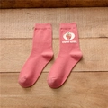 Pink strawberry pattern cotton crew socks featuring cute girl typography on wood background - Cute Pink Strawberry (Pink CUTE GIRL)