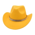 Bright yellow felt cowboy hat featuring a sparkling rhinestone band on a white background - Yellow