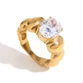 Vintage 18K vergulde roestvrijstalen ring met bubbelstructuur en ovale zirkonia - US 6 / Goud met witte steen