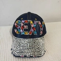 Detail of dark blue denim baseball cap with SEXY colorful rhinestone text and silver studs - Adjustable / Denim No.5 (Dark Denim)