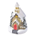 Miniatur-Kirche aus Harz in Gold mit verschneitem Dach und Tannenbäumen für Weihnachten - Stil D (Kirche)