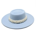 Close-up of sky blue wool boater hat featuring elegant pearl embellishments on the crown - M (56-58cm) / Sky Blue
