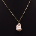 Elegant gold paperclip chain necklace featuring a large pink baroque freshwater pearl pendant - Huge Baroque Pearl Paperclip Necklace