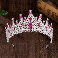 Detailed view of silver bridal crown with pink gemstones and clear crystals on alloy - Silver with Rose Red