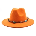 Detail of bohemian turquoise stone band on orange wool fedora wide brim hat - M (56-58cm) / Orange
