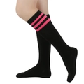 Detail of black cotton knee-high socks featuring three pink stripes for JK style - One Size / Rose Red Stripes/Black Socks