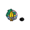 Born to Surf enamel pin with palm trees and pink sunset on white background - Yellow Surfboard (Born to Surf)