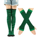 Detail of St. Patrick's Day green and black striped thigh high socks and arm warmers set - Green Black Thin Striped Socks and Gloves