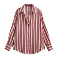 Vertical striped long sleeve satin shirt with pink and olive green tones and lapel collar - Iridescent