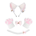 White cat ears cosplay set with pink paw gloves, bow collar, and fluffy tail with bells - White Pink Set: Ears + Choker + Paw Gloves + Tail