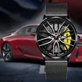 Men's black stainless steel watch featuring a realistic racing wheel hub design and yellow caliper - T38 Black Mesh Band Yellow Wheel