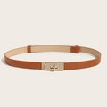 Slim brown crossgrain faux leather waist belt with gold rhinestone-encrusted buckle - Rhinestone Buckle (Gold) Cross Pattern Adjustable Belt (Khaki)