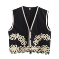 Vintage-Weste in Schwarz mit beigen Blumenstickereien und Lochmuster in der Flachansicht - S / Schwarze Bedruckte Weste