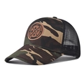 Detail of camouflage trucker hat featuring breathable mesh and brown leather logo patch - Adjustable / Yellow Camo