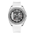 Men's tonneau chronograph watch with silver case, gray dial, and white silicone strap - White