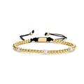 Adjustable woven bracelet with gold beads, white pearls, and black cord on white background - White Pearl Style