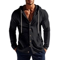Detalle de sudadera con capucha de lino negro con botones de madera y cordones blancos - Negro