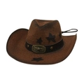Brown western cowboy straw hat with star pattern and retro metal bull head buckle - Coffee (Star Bull Head Style)