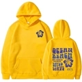 Bright yellow pullover hoodie with blue floral logo and Hawaii surf theme graphics - S / Yellow (Blue Print)