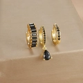 Three-piece gold-plated earring set featuring black teardrop and square stone charms - Three-Piece Set / Gold - Black Zirconia