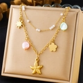 Double-layered gold starfish and floral pendant necklace with pearls and beads - Pearl Starfish Star (N3164)